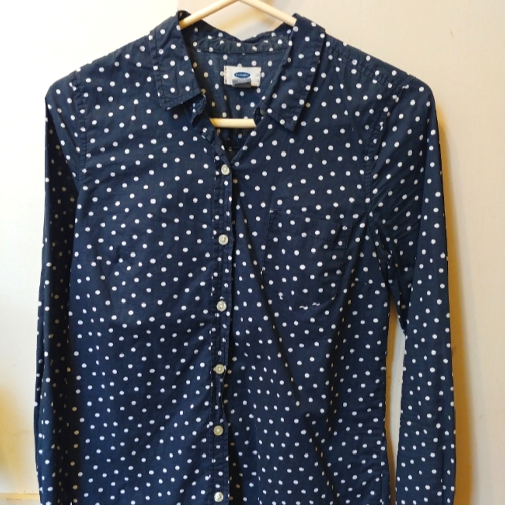 Dark blue navy polka dot button up down collared shirt blouse size 4 small